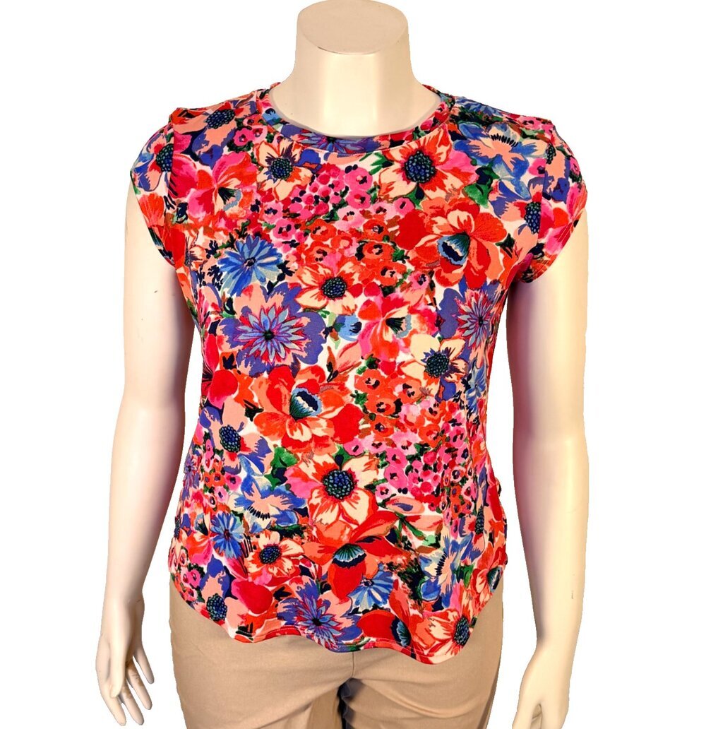 Blue Sol Printed Tee Shirt Womens PL Red Pink Blue Vibrant Floral Cap Sleeve